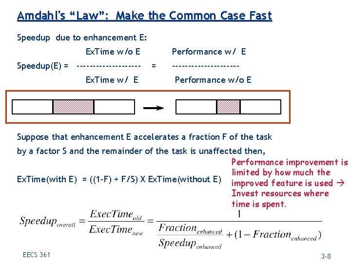 Amdahl's “Law”: Make the Common Case Fast Speedup due to enhancement E: Ex. Time