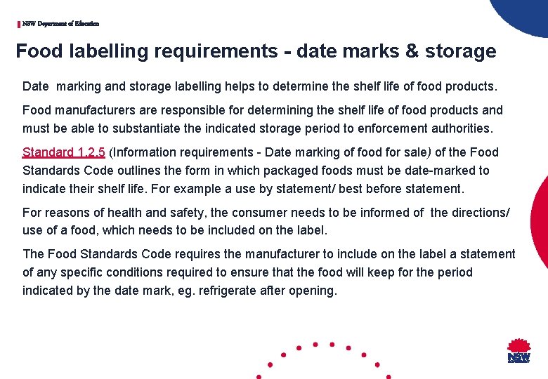 NSW Department of Education Food labelling requirements - date marks & storage Date marking