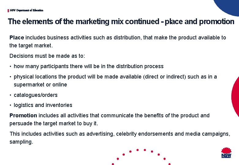 NSW Department of Education The elements of the marketing mix continued - place and