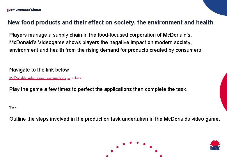 NSW Department of Education New food products and their effect on society, the environment