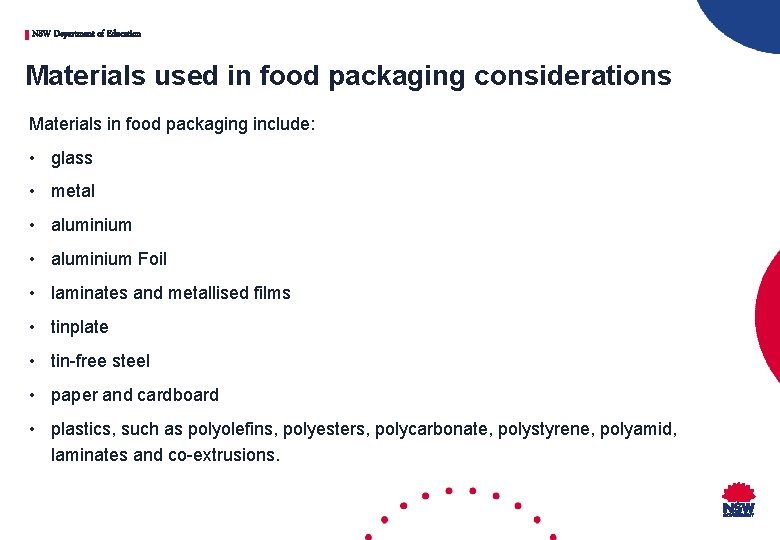 NSW Department of Education Materials used in food packaging considerations Materials in food packaging