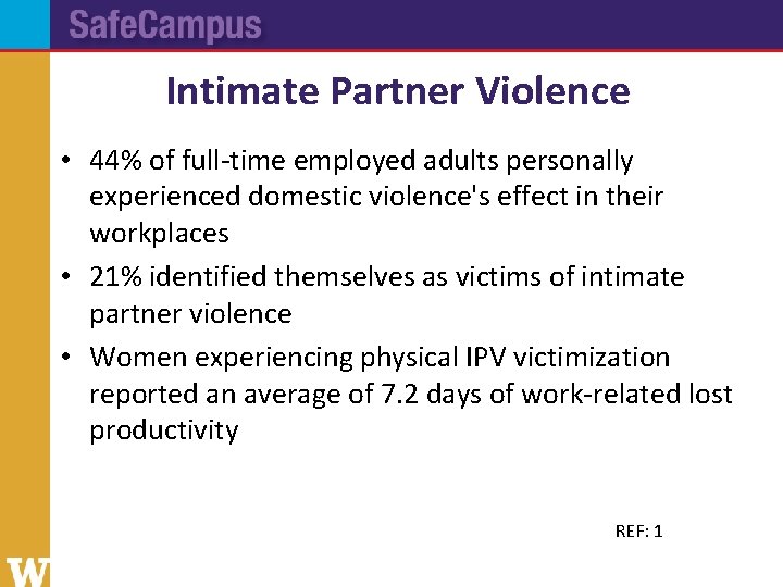 Intimate Partner Violence • 44% of full-time employed adults personally experienced domestic violence's effect