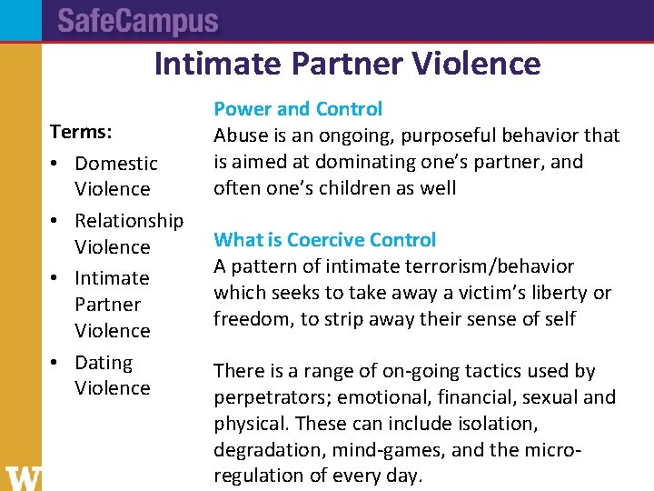 Intimate Partner Violence Terms: • Domestic Violence • Relationship Violence • Intimate Partner Violence
