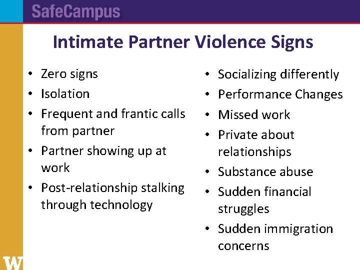 Intimate Partner Violence Signs • Zero signs • Isolation • Frequent and frantic calls