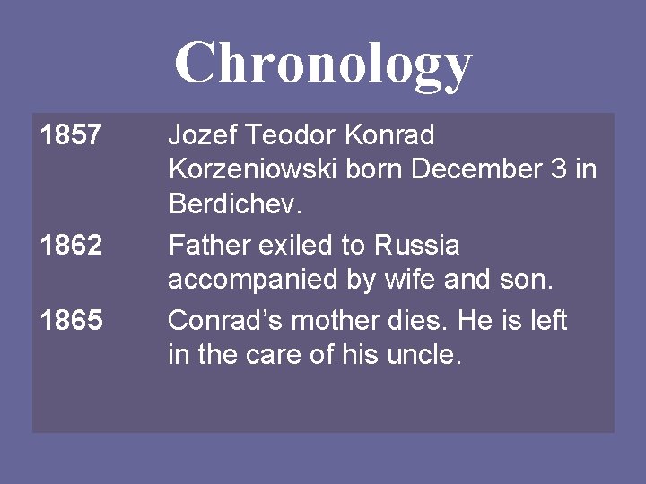 Chronology 1857 1862 1865 Jozef Teodor Konrad Korzeniowski born December 3 in Berdichev. Father