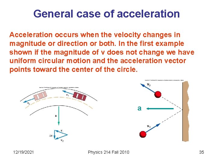 General case of acceleration Acceleration occurs when the velocity changes in magnitude or direction