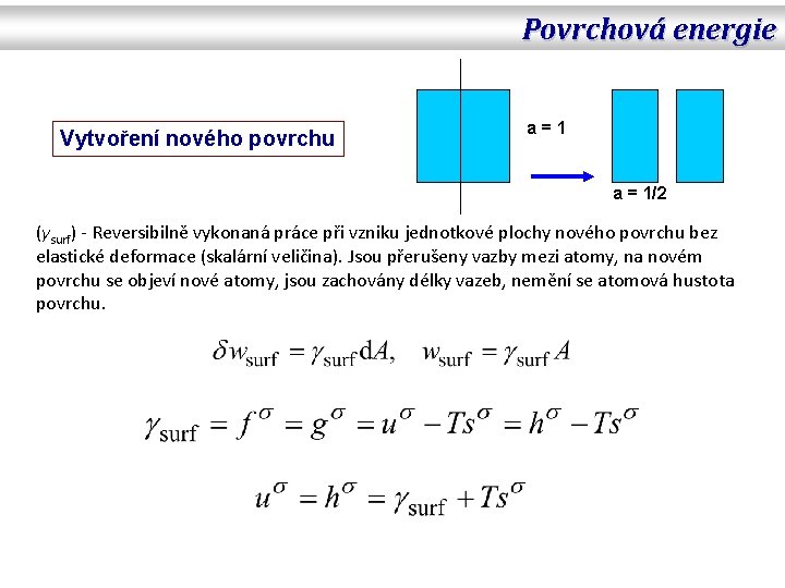 Povrchová energie Vytvoření nového povrchu a=1 a = 1/2 (γsurf) - Reversibilně vykonaná práce