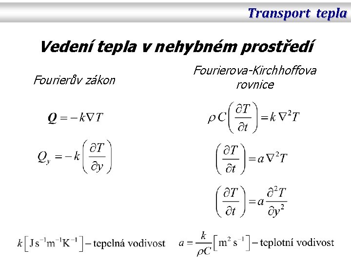 Transport tepla Vedení tepla v nehybném prostředí Fourierův zákon Fourierova-Kirchhoffova rovnice 
