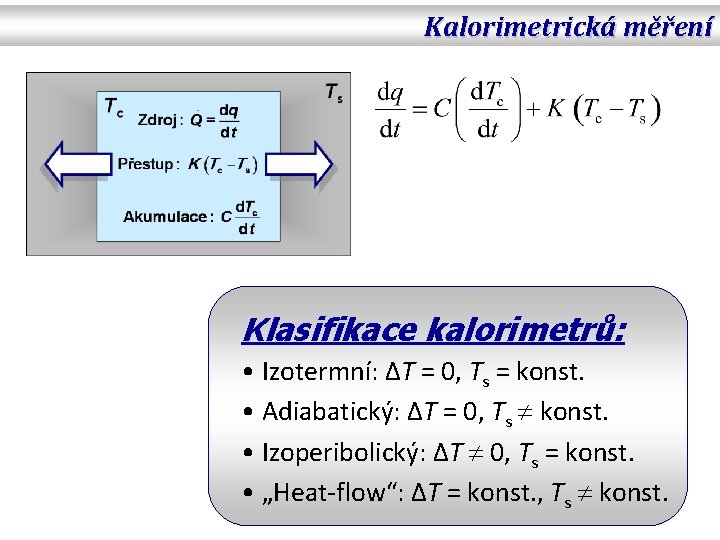 Kalorimetrická měření Klasifikace kalorimetrů: • Izotermní: ΔT = 0, Ts = konst. • Adiabatický: