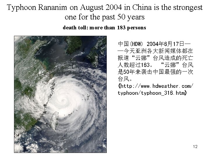 Typhoon Rananim on August 2004 in China is the strongest one for the past