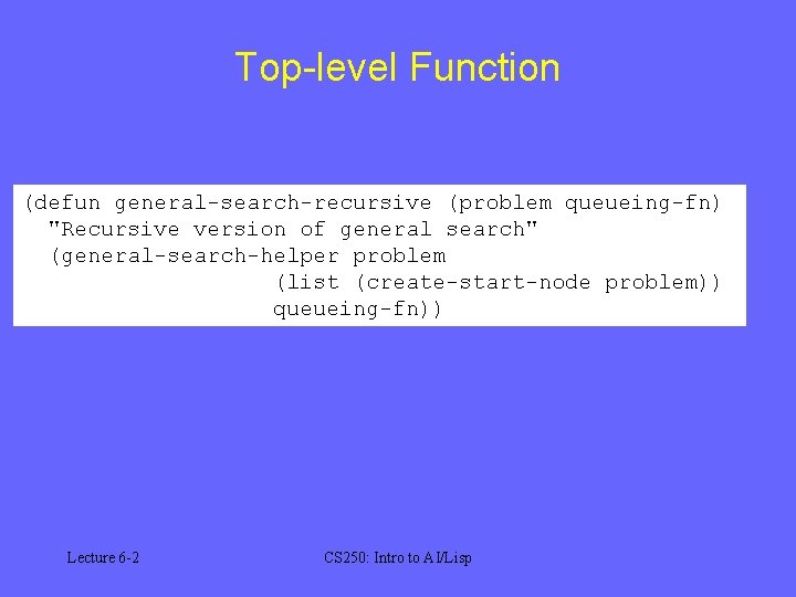Top-level Function (defun general-search-recursive (problem queueing-fn) "Recursive version of general search" (general-search-helper problem (list