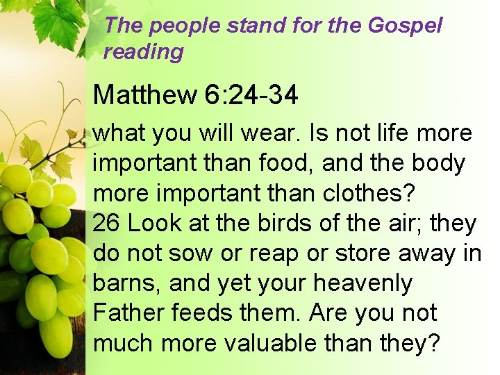 The people stand for the Gospel reading Matthew 6: 24 -34 what you will