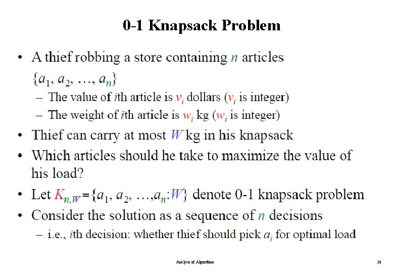 0 -1 Knapsack Problem Analysis of Algorithms 26 