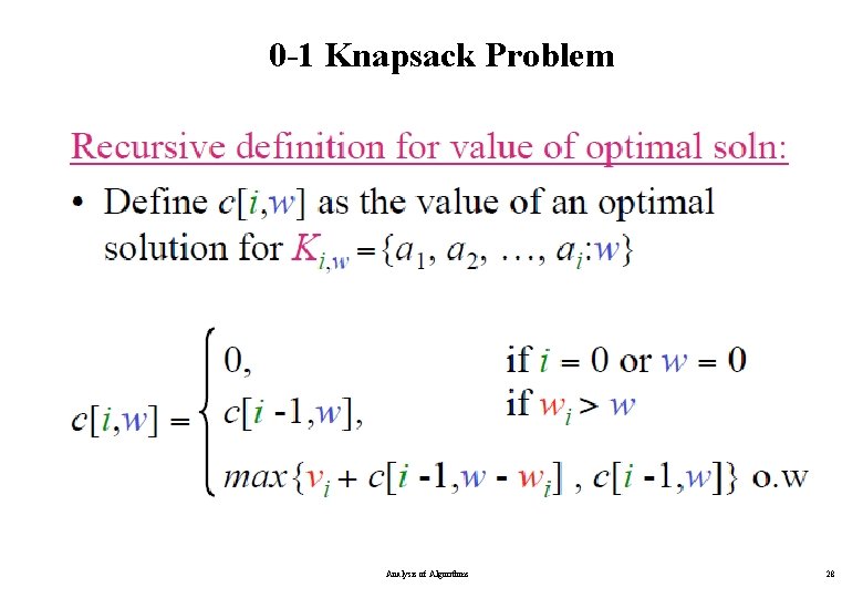 0 -1 Knapsack Problem Analysis of Algorithms 28 