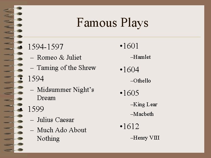 Famous Plays • 1594 -1597 – Romeo & Juliet – Taming of the Shrew