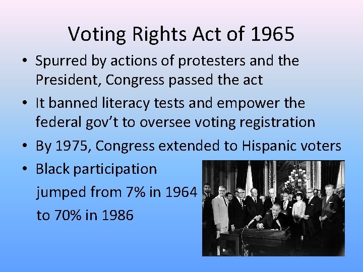 Voting Rights Act of 1965 • Spurred by actions of protesters and the President,