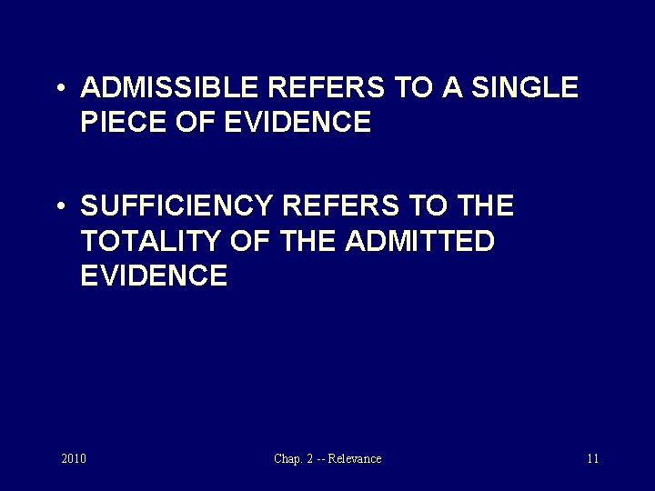 • ADMISSIBLE REFERS TO A SINGLE PIECE OF EVIDENCE • SUFFICIENCY REFERS TO