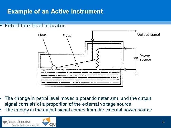 Example of an Active instrument • Petrol-tank level indicator. • The change in petrol