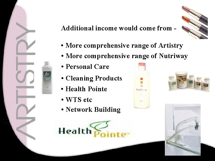 Additional income would come from - • More comprehensive range of Artistry • More