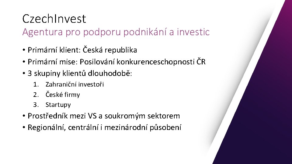 Czech. Invest Agentura pro podporu podnikání a investic • Primární klient: Česká republika •