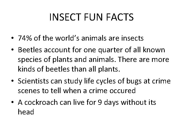 INSECT FUN FACTS • 74% of the world’s animals are insects • Beetles account
