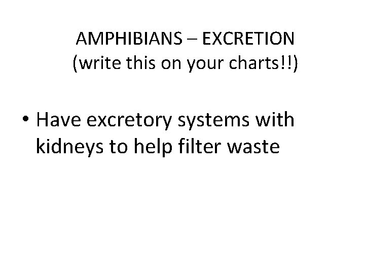 AMPHIBIANS – EXCRETION (write this on your charts!!) • Have excretory systems with kidneys