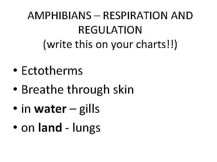AMPHIBIANS – RESPIRATION AND REGULATION (write this on your charts!!) • Ectotherms • Breathe
