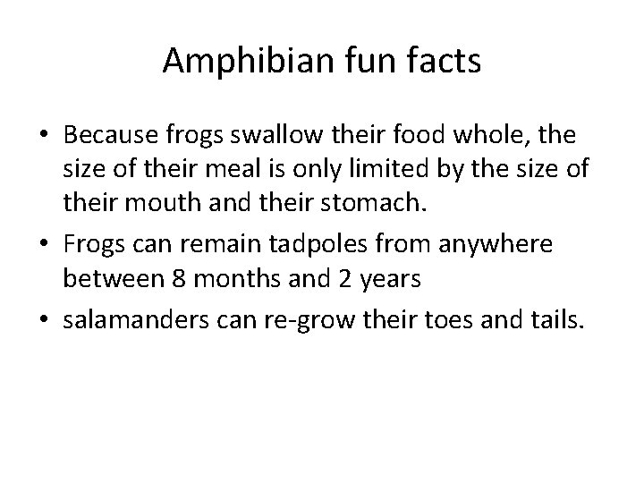 Amphibian fun facts • Because frogs swallow their food whole, the size of their