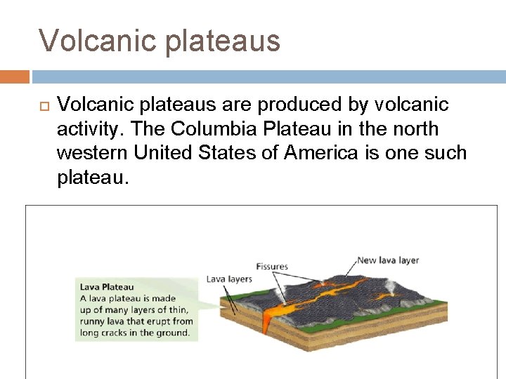 Volcanic plateaus are produced by volcanic activity. The Columbia Plateau in the north western