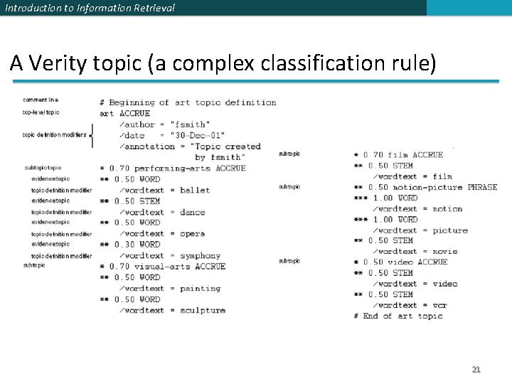Introduction to Information Retrieval A Verity topic (a complex classification rule) 21 