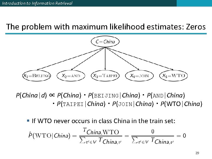 Introduction to Information Retrieval The problem with maximum likelihood estimates: Zeros P(China|d) ∝ P(China)