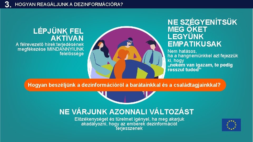 3. HOGYAN REAGÁLJUNK A DEZINFORMÁCIÓRA? LÉPJÜNK FEL AKTÍVAN A félrevezető hírek terjedésének megfékezése MINDANNYIUNK