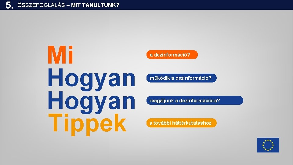 5. ÖSSZEFOGLALÁS – MIT TANULTUNK? Mi Hogyan Tippek a dezinformáció? működik a dezinformáció? reagáljunk