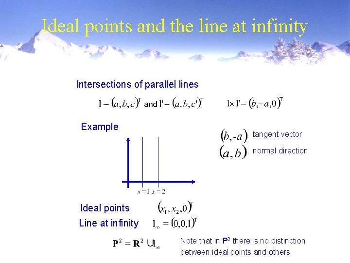 Ideal points and the line at infinity Intersections of parallel lines Example tangent vector