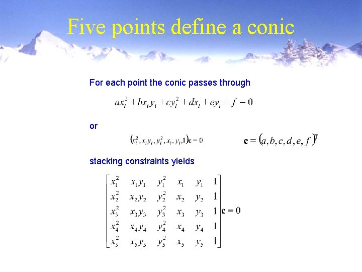 Five points define a conic For each point the conic passes through or stacking
