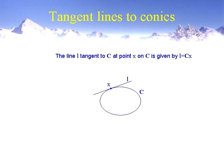 Tangent lines to conics The line l tangent to C at point x on