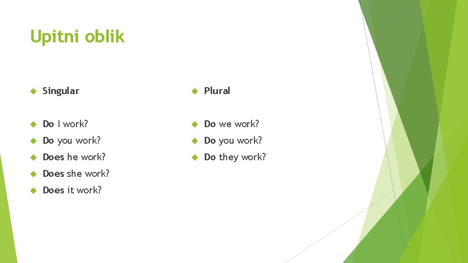 Upitni oblik Singular Plural Do I work? Do we work? Do you work? Does