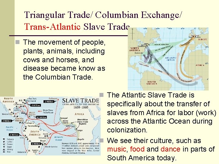 Triangular Trade/ Columbian Exchange/ Trans-Atlantic Slave Trade n The movement of people, plants, animals,