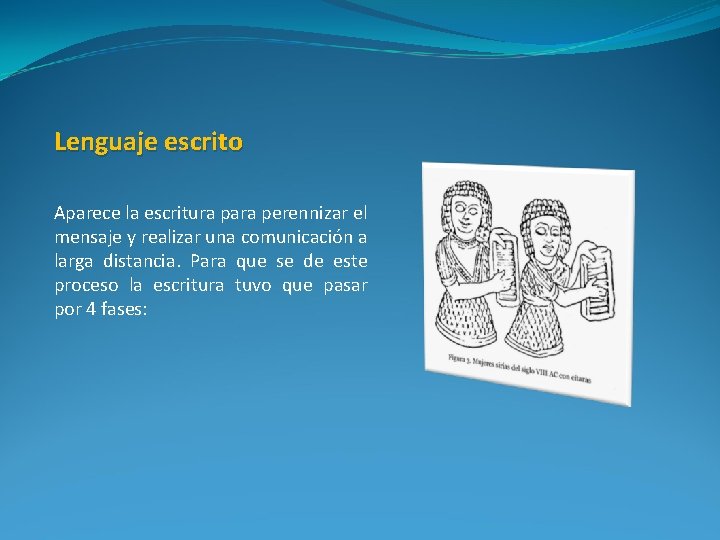 Lenguaje escrito Aparece la escritura para perennizar el mensaje y realizar una comunicación a