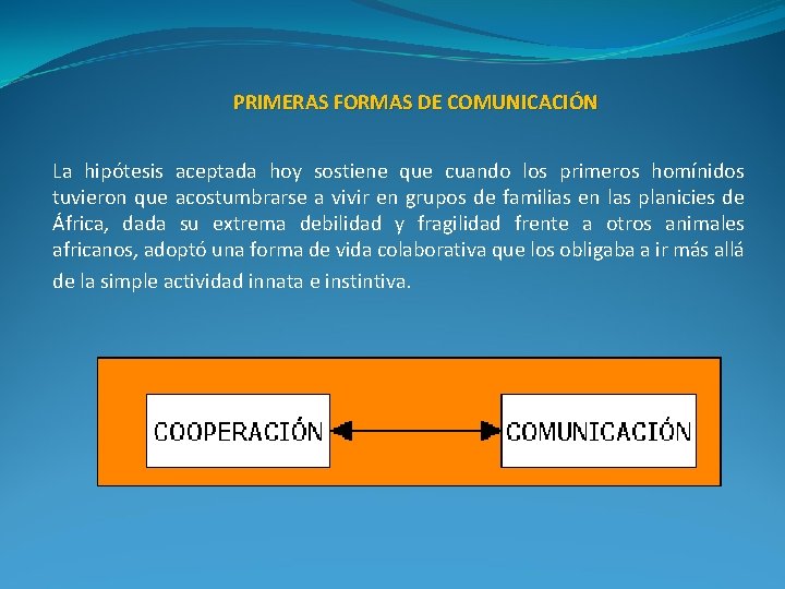 PRIMERAS FORMAS DE COMUNICACIÓN La hipótesis aceptada hoy sostiene que cuando los primeros homínidos