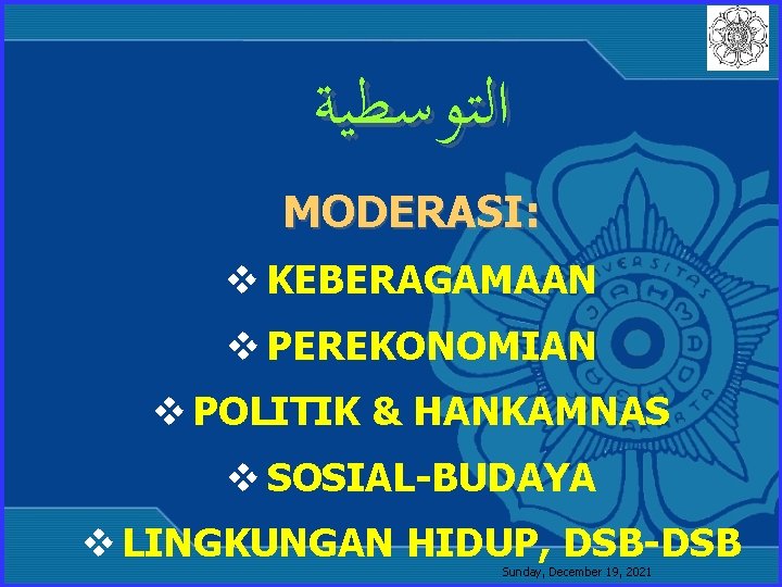  ﺍﻟﺘﻮﺳﻄﻴﺔ MODERASI: v KEBERAGAMAAN v PEREKONOMIAN v POLITIK & HANKAMNAS v SOSIAL-BUDAYA v