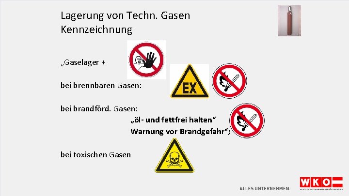 Lagerung von Techn. Gasen Kennzeichnung „Gaselager + bei brennbaren Gasen: bei brandförd. Gasen: „öl-