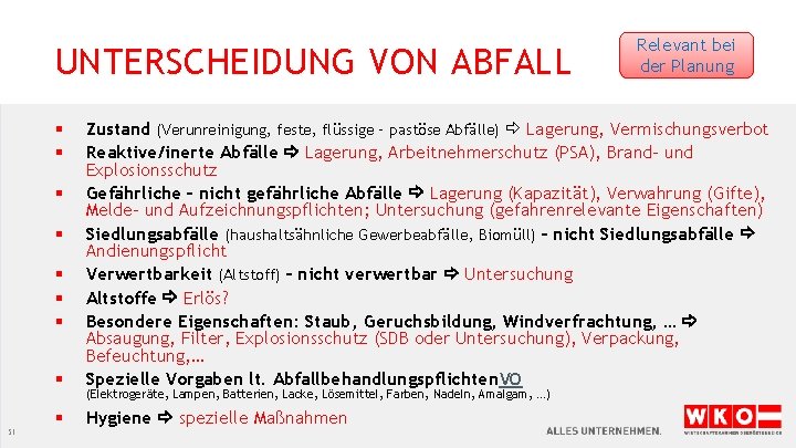 UNTERSCHEIDUNG VON ABFALL § Zustand (Verunreinigung, feste, flüssige – pastöse Abfälle) Lagerung, Vermischungsverbot Reaktive/inerte