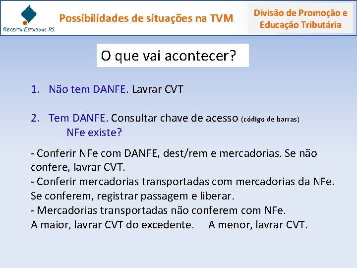 Possibilidades de situações na TVM Divisão de Promoção e Educação Tributária O que vai