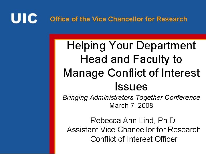 Office of the Vice Chancellor for Research Helping Your Department Head and Faculty to