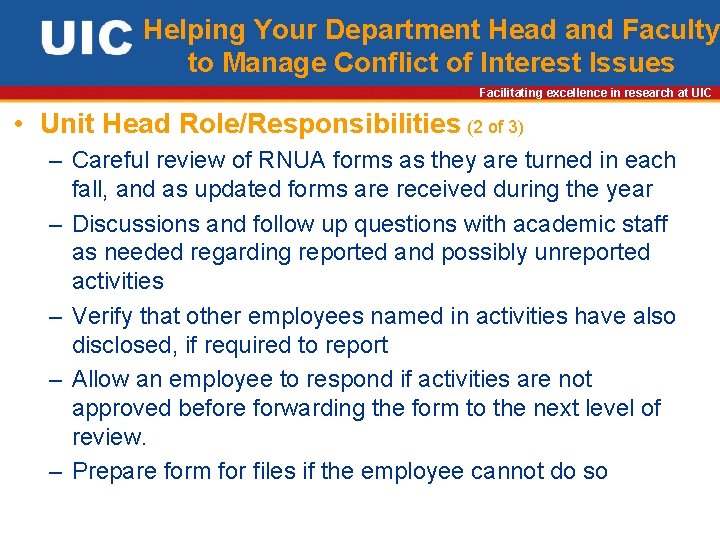 Helping Your Department Head and Faculty to Manage Conflict of Interest Issues Facilitating excellence