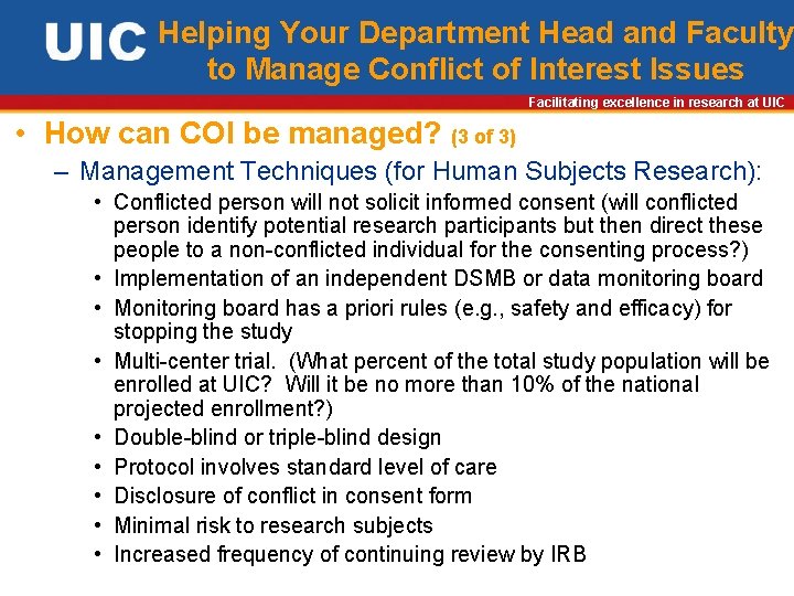 Helping Your Department Head and Faculty to Manage Conflict of Interest Issues Facilitating excellence