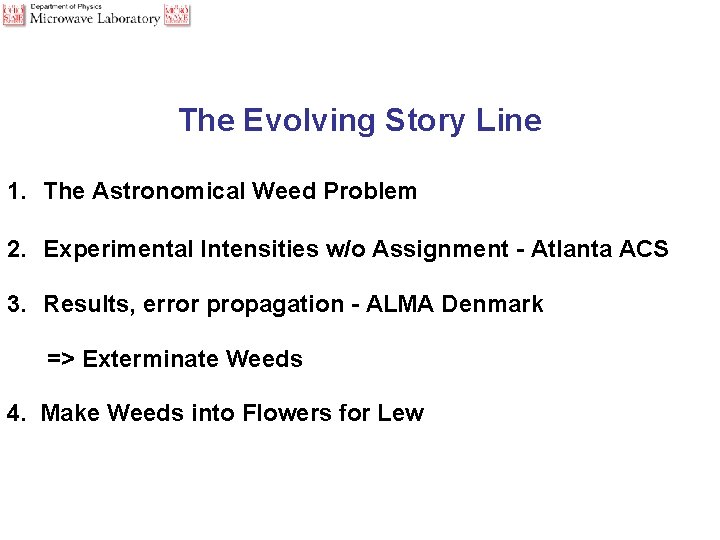 The Evolving Story Line 1. The Astronomical Weed Problem 2. Experimental Intensities w/o Assignment