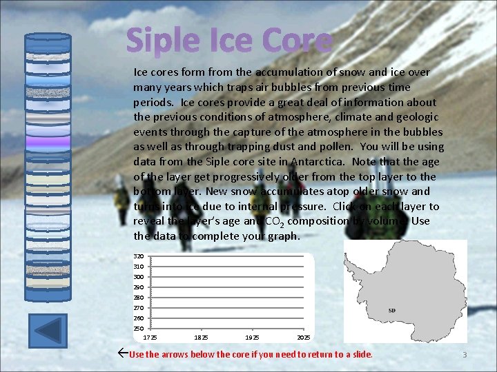 Siple Ice Core Ice cores form from the accumulation of snow and ice over