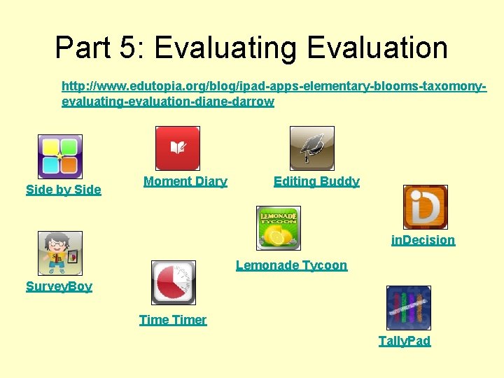 Part 5: Evaluating Evaluation http: //www. edutopia. org/blog/ipad-apps-elementary-blooms-taxomonyevaluating-evaluation-diane-darrow Side by Side Moment Diary Editing